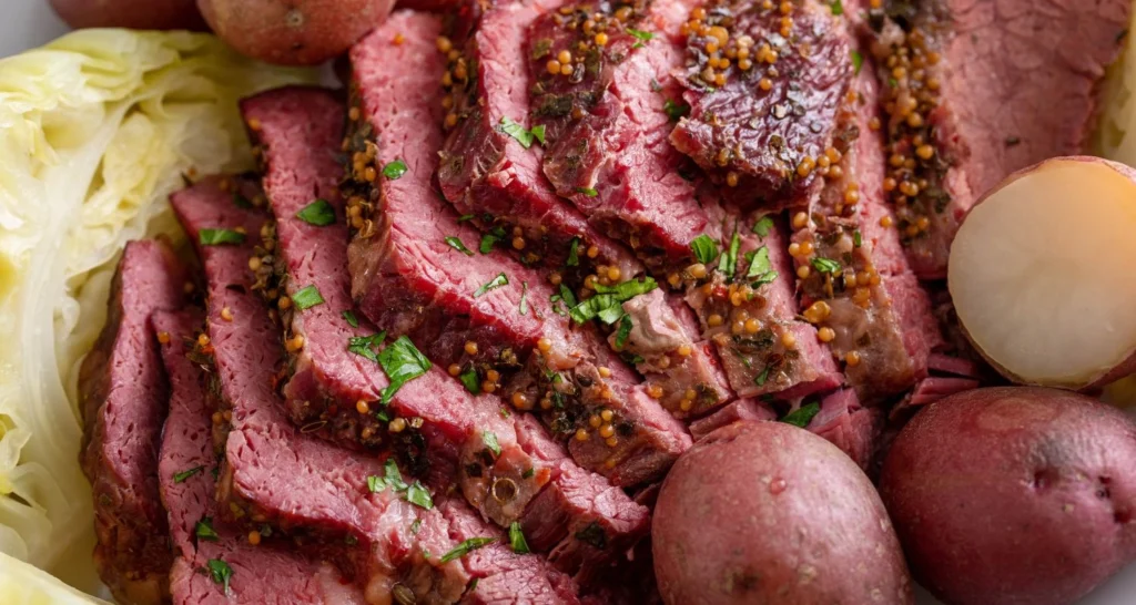 Sliced brisket topped with mustard seeds and herbs, served with red potatoes and steamed cabbage on a platter.