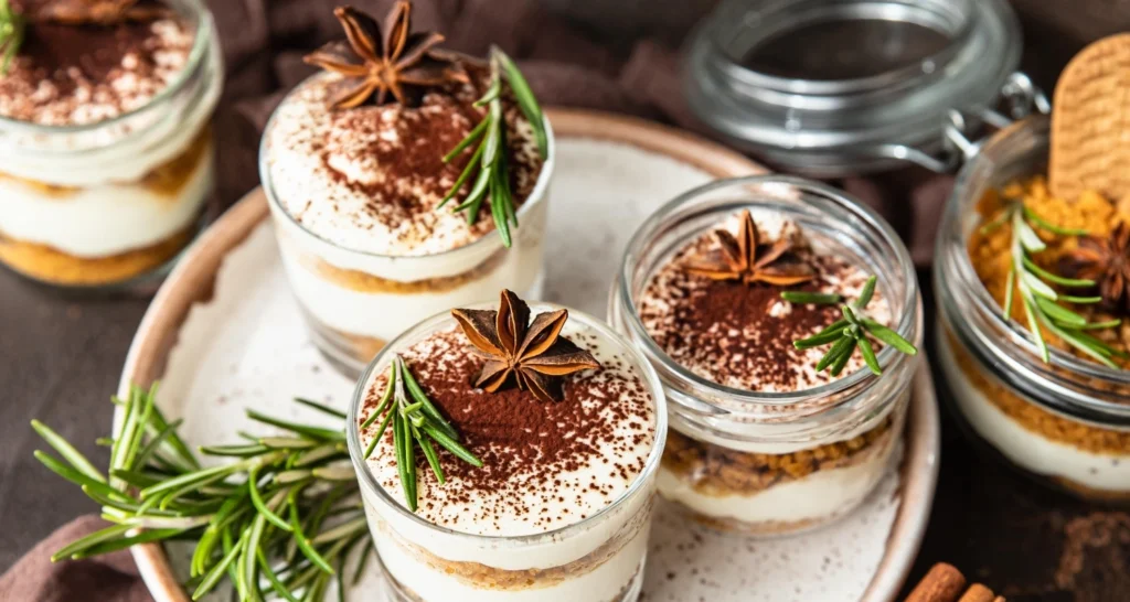 Glass dessert jars layered with creamy mascarpone, crumbled biscuits, and dusted with cocoa powder, garnished with star anise and rosemary sprigs, placed on a rustic plate.

 Glass dessert jars layered with creamy mascarpone, crumbled biscuits, and dusted with cocoa powder, garnished with star anise and rosemary sprigs, placed on a rustic plate.