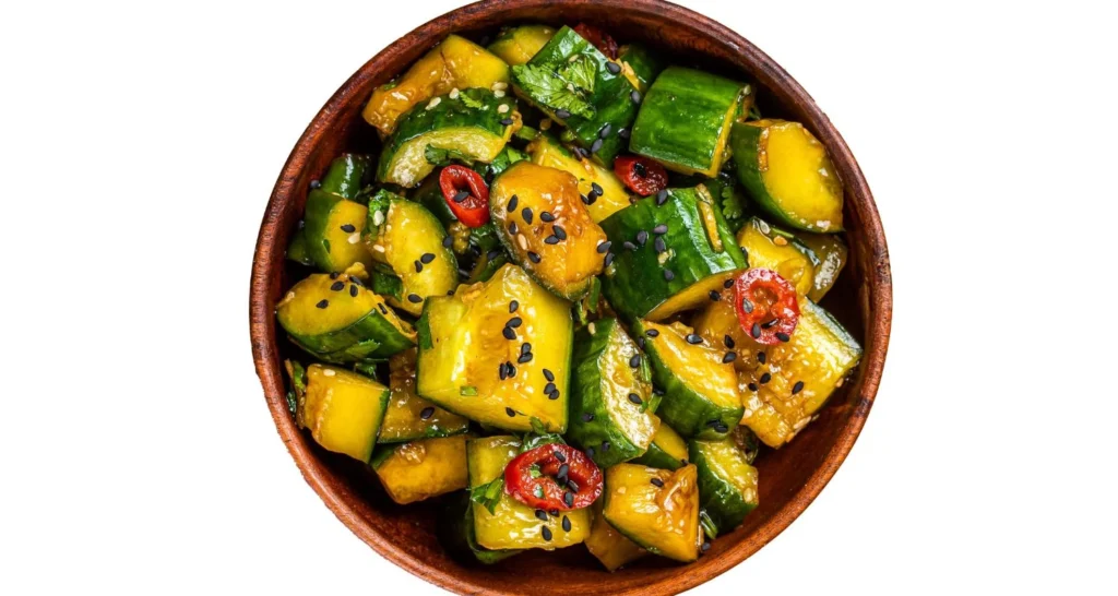 A vibrant bowl of kabocha squash and cucumber salad with sesame seeds, chili slices, and a tangy vegan dressing.