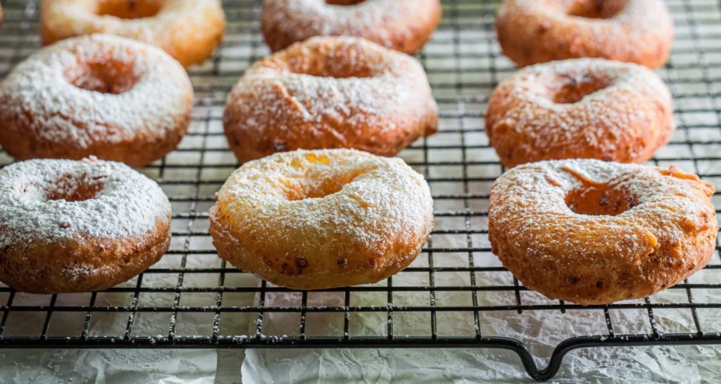 Freshly baked vegetarian cinnamon sugar donut muffins cooling on a wire rack, lightly dusted with powdered sugar