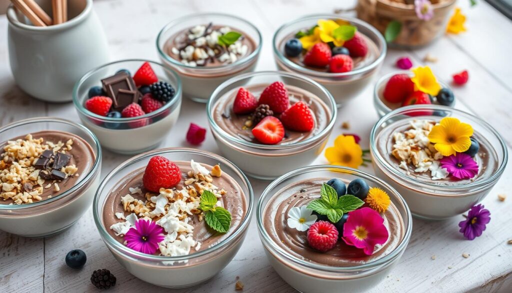 A vibrant display of individual servings of cottage cheese chocolate mousse in glass bowls, topped with fresh fruits, edible flowers, and chocolate garnishes on a white rustic table.