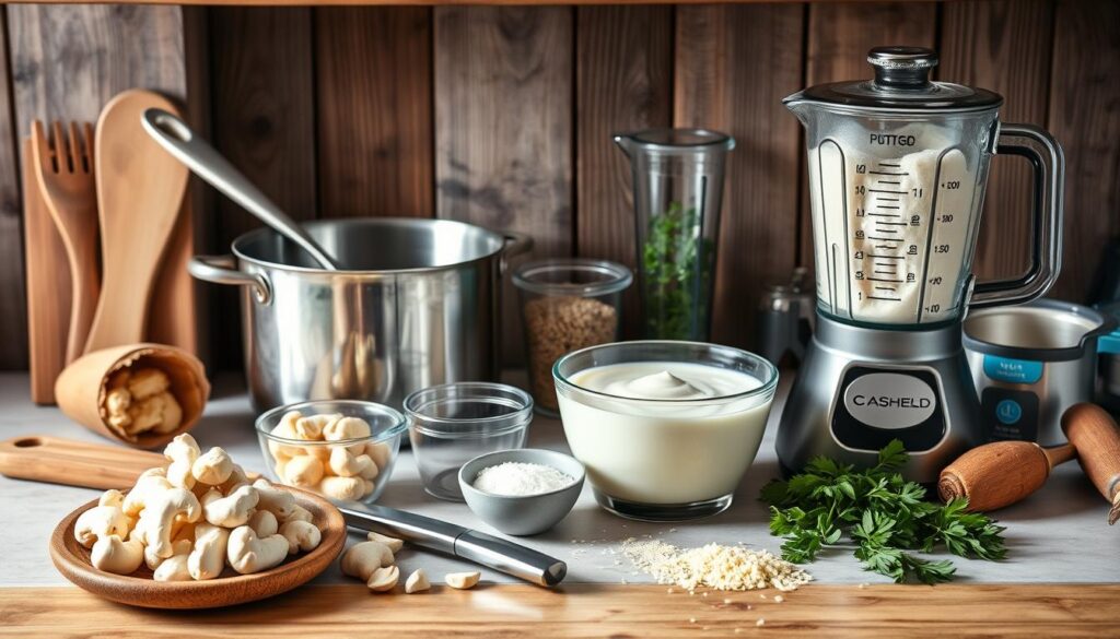 A rustic kitchen setup featuring ingredients and tools for making dairy-free Alfredo sauce, including cashews, almond milk, nutritional yeast, and a blender.