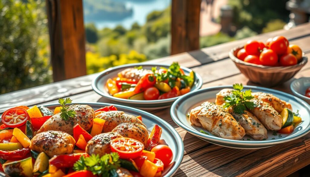 Plates of freshly prepared grilled chicken served with colorful roasted vegetables, showcasing a vibrant and healthy meal, ideal for frozen chicken slow cooker recipes.