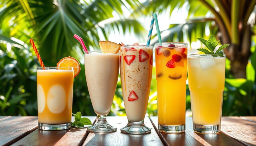  A vibrant selection of traditional Puerto Rican drinks, including piña colada, tropical juices, and fruit-infused beverages, set against a lush, tropical background.