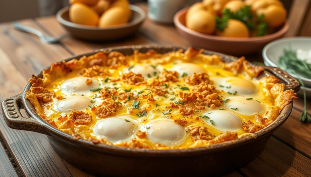 A golden baked egg casserole with sunny-side-up eggs, crunchy cracker topping, fresh parsley, and cherry tomatoes in a ceramic dish.