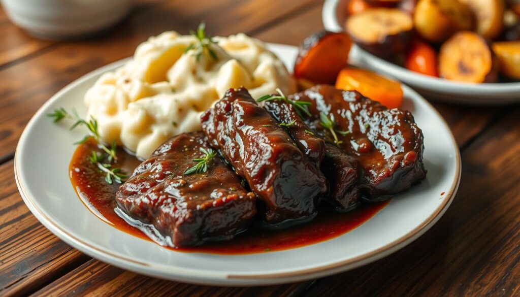 "Plate of tender beef short ribs glazed in a rich, savory sauce, served with creamy mashed potatoes and roasted vegetables on a wooden table."