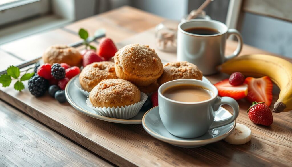 A cozy breakfast spread featuring vegetarian cinnamon sugar donut muffins, fresh berries, banana slices, and steaming cups of coffee on a wooden table.