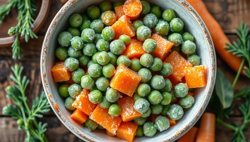 A bowl of frozen peas and carrots with visible frost, placed on a rustic wooden surface with fresh herbs and carrots in the background.