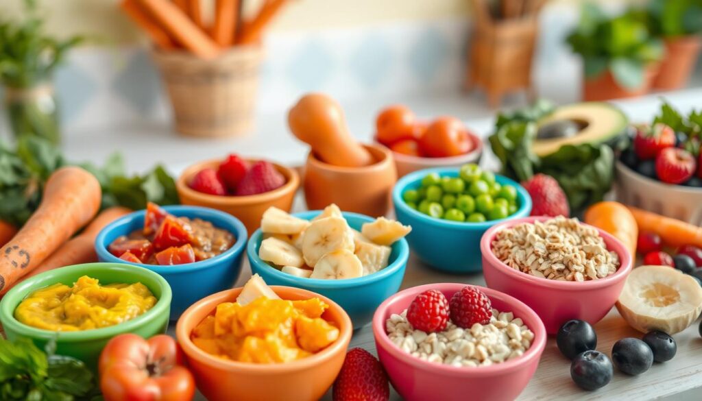 A vibrant array of healthy toddler meal ingredients in colorful bowls, featuring fruits, vegetables, grains, and purees, displayed on a bright kitchen counter.