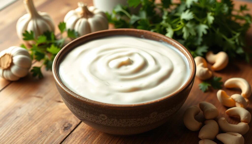 A bowl of creamy dairy-free Alfredo sauce surrounded by cashews, garlic cloves, and fresh parsley on a rustic wooden table.