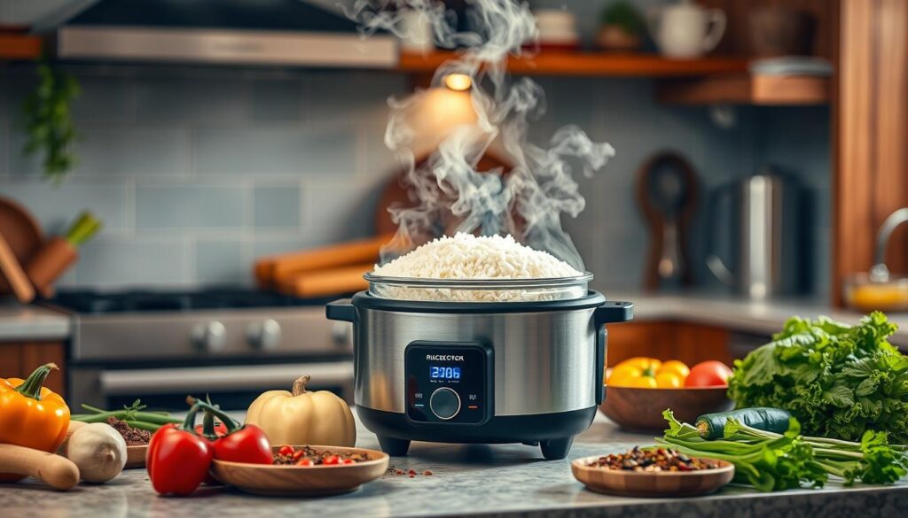 A modern rice cooker filled with steaming rice, surrounded by fresh vegetables and spices in a cozy kitchen setting.