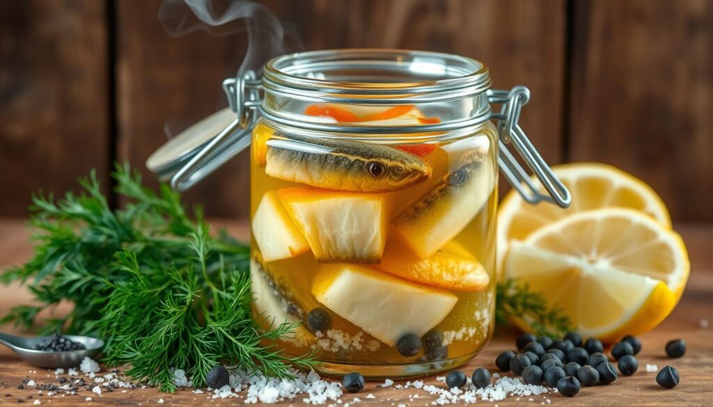 A jar of smoked fish brine with fish pieces, lemon slices, and herbs, surrounded by dill, black