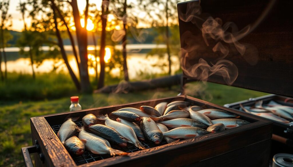 A smoker filled with fresh fish smoking outdoors at sunset, with visible smoke rising and a