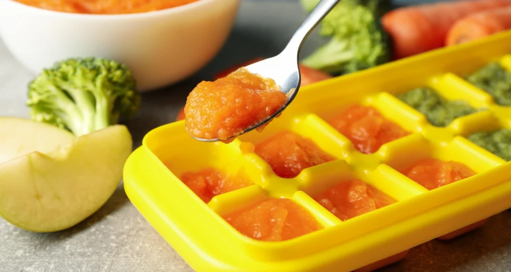 A close-up of frozen homemade baby food purees in a yellow tray, with a spoon of carrot puree and fresh ingredients like broccoli, carrots, and apple in the background.