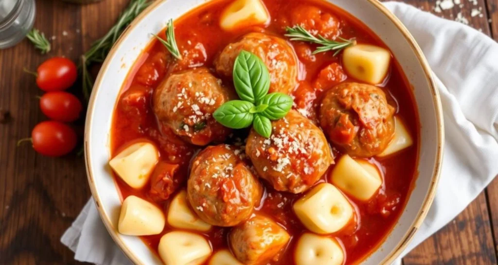 slow cooker tuscan chicken meatballs with gnocchi